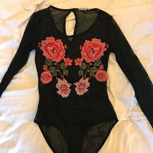 Mesh Bodysuit with Flower Embroidery
